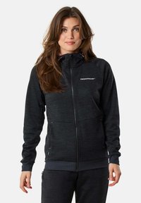 Black zip-up fleece jacket with a high collar, featuring a textured fabric, front pockets, and subtle logo. Accented with pink drawstrings.