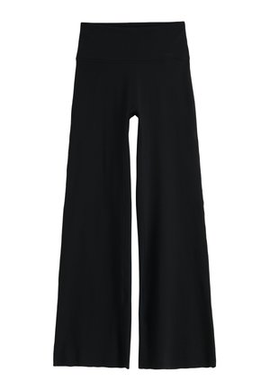 Zwarte broek met wijde pijpen, hoge taille en gladde stof, ontworpen voor een ontspannen pasvorm en comfortabel dragen.