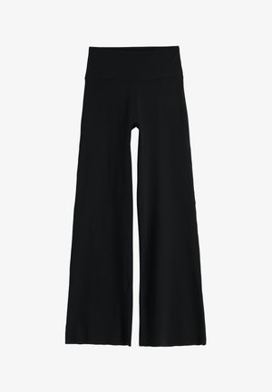 Schwarze weit geschnittene Hose mit hoher Taille und glattem Stoff, entworfen für eine entspannte Passform und angenehmen Tragekomfort.