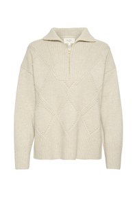 Beige sweater with a zippered collar, featuring diamond patterns and textural variations. Made from soft knit fabric with ribbed hems.