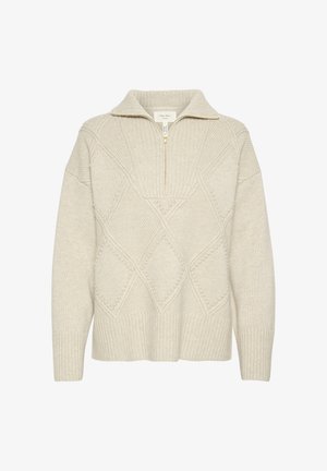 Beige sweater with a zippered collar, featuring diamond patterns and textural variations. Made from soft knit fabric with ribbed hems.