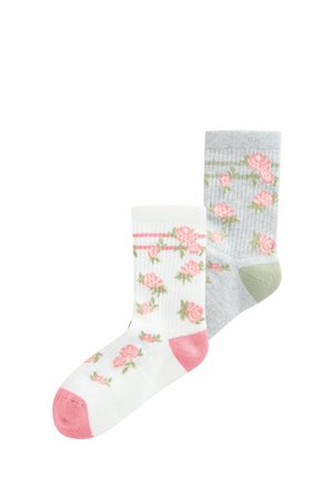 Two pairs of socks: one white with pink roses and pink accents; the other gray with similar floral design and green heel. Ribbed texture.