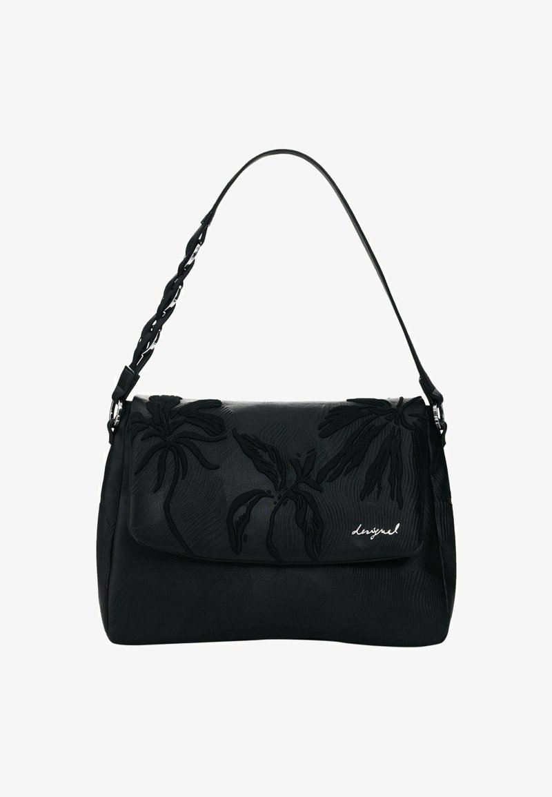 Sac à main noir avec une surface texturée, présentant un motif végétal en relief, une bandoulière tressée et un détail logo argenté.