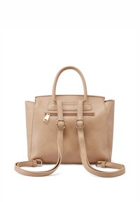 Borsa a tracolla in pelle beige con finitura texture, manici superiori doppi, tracolla regolabile e tasca anteriore con zip e dettaglio in tono dorato.