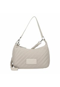 Borsa beige trapuntata con tracolla staccabile. Presenta un corpo rettangolare, ferramenta argentata e una piccola etichetta con logo.