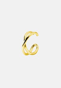 Goldfarbener Ohrcuff mit verschlungenem Design. Glatte, glänzende Oberfläche; leichtes Metall mit fließenden, runden Formen. Kein Verschlussmechanismus.