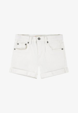 Shorts di denim bianco con orlo arrotolato, dotati di due tasche frontali e chiusura con bottone frontale, caratterizzati da una texture liscia e un design semplice.