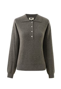 Pull en tricot gris avec un design à col, des manches longues, une patte de boutonnage à cinq boutons, et des poignets et un ourlet côtelés pour plus de texture.