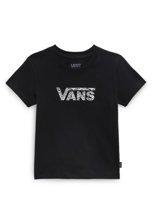 Czarny bawełniany t-shirt z białym logo "Vans" w wzór zebry z przodu. Klasyczny krój z okrągłym dekoltem i krótkimi rękawami.