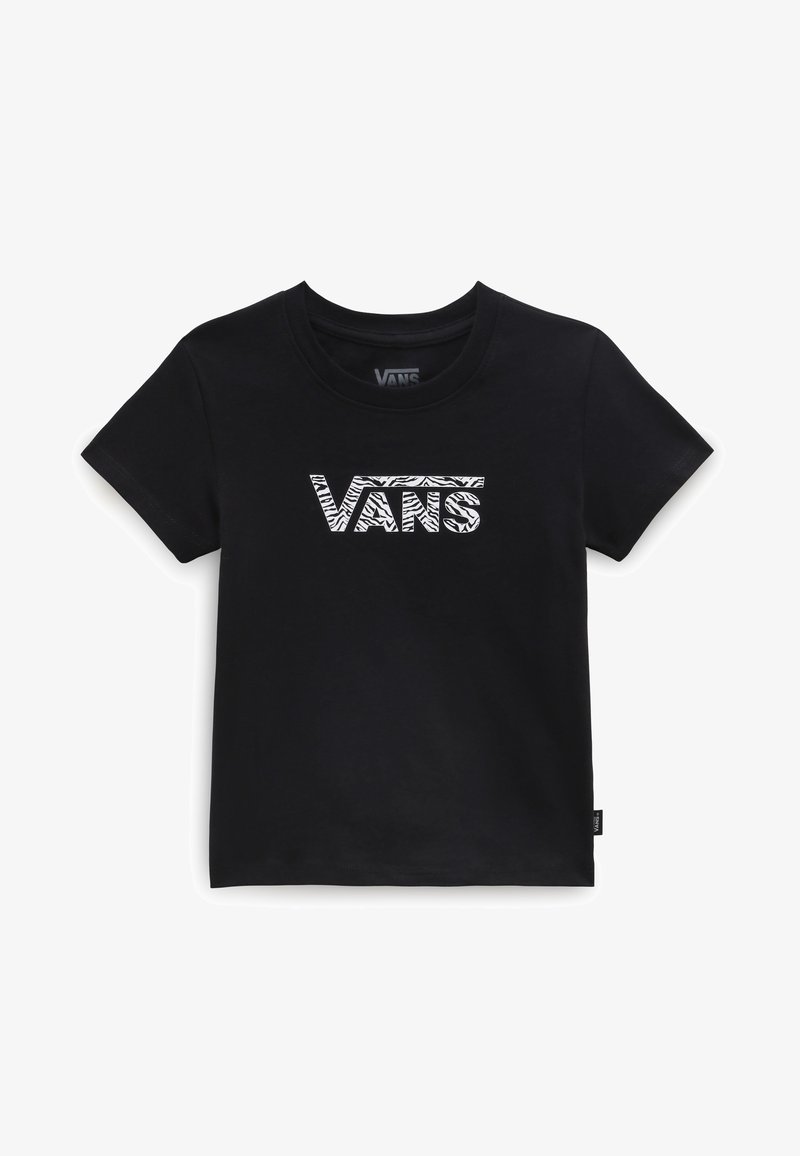 T-shirt en coton noir avec un logo "Vans" en motif zèbre blanc sur le devant. Design classique à col rond avec des manches courtes.