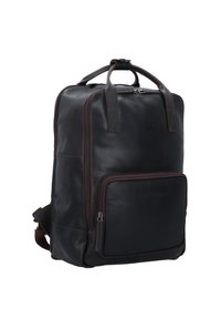 Zaino in pelle nera con accenti marroni, scomparto con zip, spallacci imbottiti e maniglie superiori doppie. Texture liscia e design minimalista.