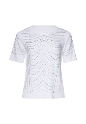 Hvid kortærmet t-shirt med rund hals, dekoreret med symmetriske buede linjer af små iriserende rhinsten tværs over front og ærmer.