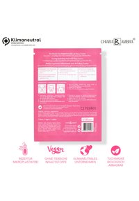 Rosa Canina Feuchtigkeitsgesichtmaske in pinkfarbener Verpackung, mit weißen Schriftzügen, Pflegehinweisen, veganen Symbolen und einem Recyclinglogo.