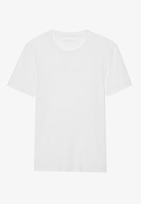 Bílý bavlněný krátký rukáv T-shirt s kulatým výstřihem a hladkým, jednobarevným povrchem bez jakýchkoli vzorů nebo akcentů.