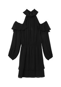 Schwarzes Kleid mit langen, gepufften Ärmeln und Rüschendetails am Ausschnitt und den Schultern. Es hat einen elastischen Bund und einen geschichteten Saum.