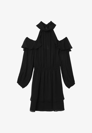 Abito nero con maniche lunghe a sbuffo e dettagli arricciati sul collo e sulle spalle. Presenta una vita elastica e un orlo a strati.