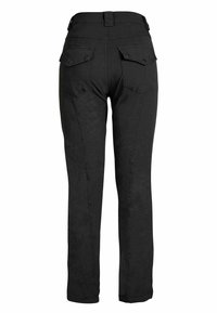 Black straight-leg pants with flap back pockets and button closures, shown from the rear on a white background.