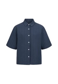 Korte mouwen, knoop-overhemd gemaakt van een gestructureerde donkerblauwe stof met een subtiel gestreept patroon en een klassieke kraag.