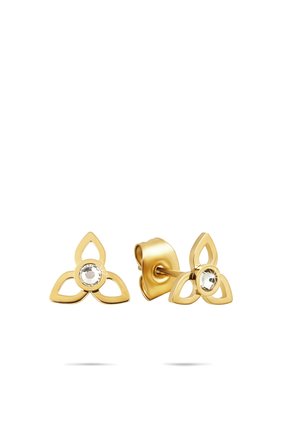 Gold stud earrings with three open petal shapes and a clear round gemstone in the center, shown from front and side angles.