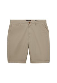 Short beige longueur genou avec passants de ceinture, bouton devant, fermeture éclair et poches latérales, présenté sur fond blanc.