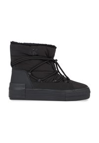 Zapatilla negra de media caña con parte superior de nylon acolchado, suela de goma texturizada y diseño de cordones con cuerdas elásticas y detalle de logo.