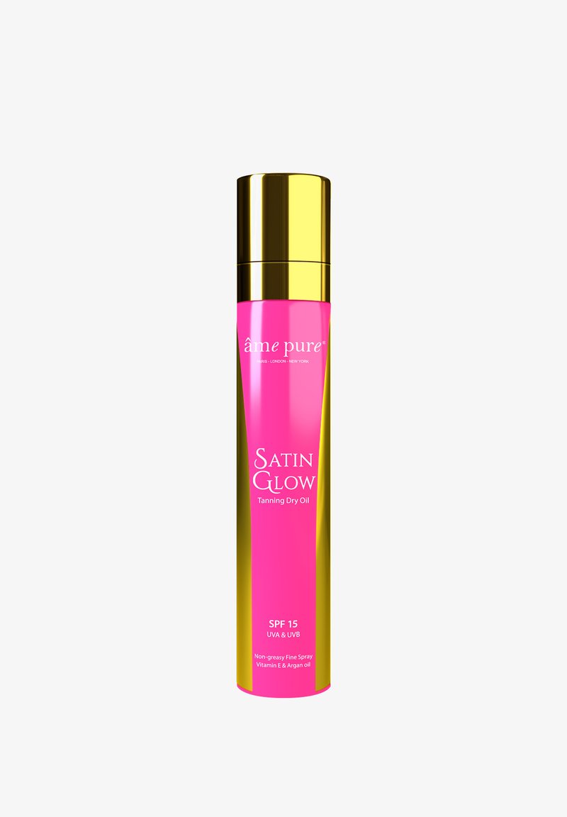 Satin Glow Tanning Trockenöl in einer pinken und goldenen Sprühflasche. Enthält SPF 15, eine nicht fettende Formel und Inhaltsstoffe wie Vitamin E und Arganöl.
