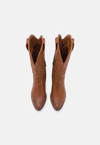 Bottes de cow-boy en cuir marron avec des bouts pointus et des coutures décoratives. Le design comprend des hauts montants avec une doublure en tissu à l'intérieur et des accents latéraux.