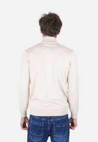 Maglione beige chiaro con collo alto, realizzato in tessuto liscio. Presenta maniche lunghe e un orlo a coste, indossato con jeans blu.