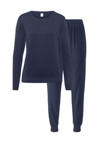 Navyblaues Baumwolloberteil mit langen Ärmeln und passenden Jogginghosen. Das Oberteil hat einen runden Halsausschnitt; die Hose hat einen elastischen Bund und tapered Manschetten.