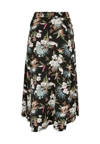 Sort nederdel med elastisk talje med farverigt tropisk blomsterprint i grønne, hvide, pink og blå toner.