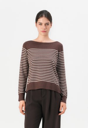 Brown striped sweater with a wide neckline, long sleeves, and a ribbed hem. Features horizontal white stripes on a dark brown base.