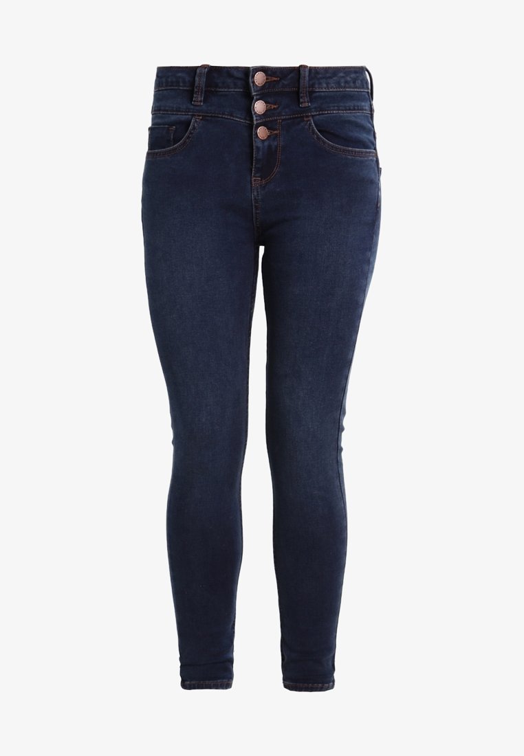 Jeans skinny en denim bleu foncé avec taille haute, dotés de trois boutons à l'avant et de deux poches latérales. Texture lisse et design ajusté.
