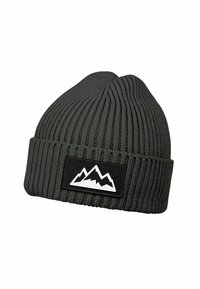 Dark gray rib-knit beanie with a folded cuff featuring a black patch with a white mountain design.