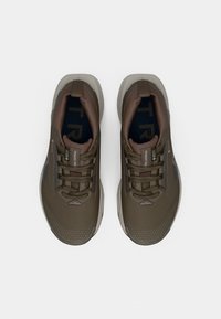 Brązowe buty do biegania po szlakach z sznurowadłami, wyściełanym kołnierzem i etykietą „PEGASUS TRAIL”, widziane z góry na białym tle.