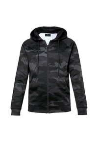 Zwarte camouflage zip-up hoodie met een trekkoordcapuchon, lange mouwen en twee voorzakken. Gemaakt van zachte stof met een gladde textuur.