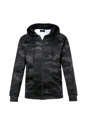 Sudadera con capucha de cremallera en camuflaje negro, con cordón en la capucha, mangas largas y dos bolsillos frontales. Fabricada en un tejido suave con una textura lisa.