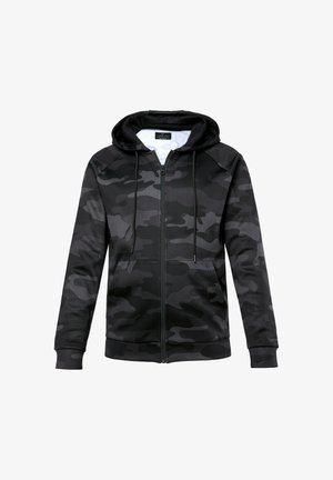 Schwarze Camouflage Zip-Hoodie mit einer Kordelzugkapuze, langen Ärmeln und zwei Fronttaschen. Hergestellt aus einem weichen Stoff mit glatter Textur.