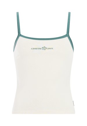 Bijeli top bez rukava s tirkiznim naramenicama, s tekstom "COASTAL COOL" zelenom bojom iznad cvjetnog motiva. Glatka tekstura, uski kroj.