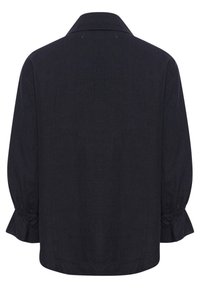 Blusa blu scuro con colletto, maniche lunghe con polsini arricciati e orlo dritto. Realizzata in tessuto leggero e strutturato.