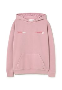 Sudadera con capucha rosa hecha de tela suave, con un bolsillo delantero, capucha con cordón y texto impreso en blanco y rojo.
