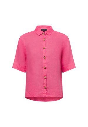 Roze kortemmige shirt gemaakt van lichtgewicht stof, met een knopenfront met bruine knopen en een klassieke kraag. Getextureerde afwerking.