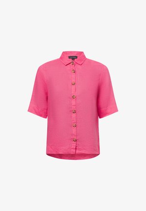 Rosa Kurzarmhemd aus leichtem Stoff, mit einer Knopfleiste mit braunen Knöpfen und einem klassischen Kragen. Strukturiertes Finish.