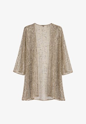 Cardigan beige aperto sul davanti con maniche a tre quarti e un tessuto a maglia a rete scintillante e luccicante.