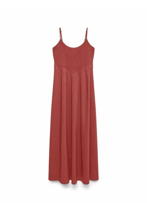 Roestrood mouwloze maxi-jurk met geplooide lijf, smalle bandjes en vloeiende rokdetail op een witte achtergrond.