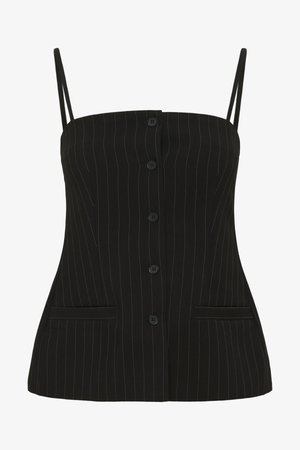 Top a rayas negras con tirantes finos, que presenta un cierre de botones en la parte frontal y dos bolsillos laterales, hecho de una tela suave.