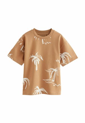 T-shirt a maniche corte in cotone marrone con motivi bianchi di palme e onde, con colletto a costine e vestibilità comoda.