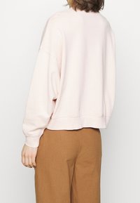 Ljusrosa kort sweatshirt med en mjuk textur, sänkta axlar och ribbade manschetter. Matchas med bruna vida byxor.