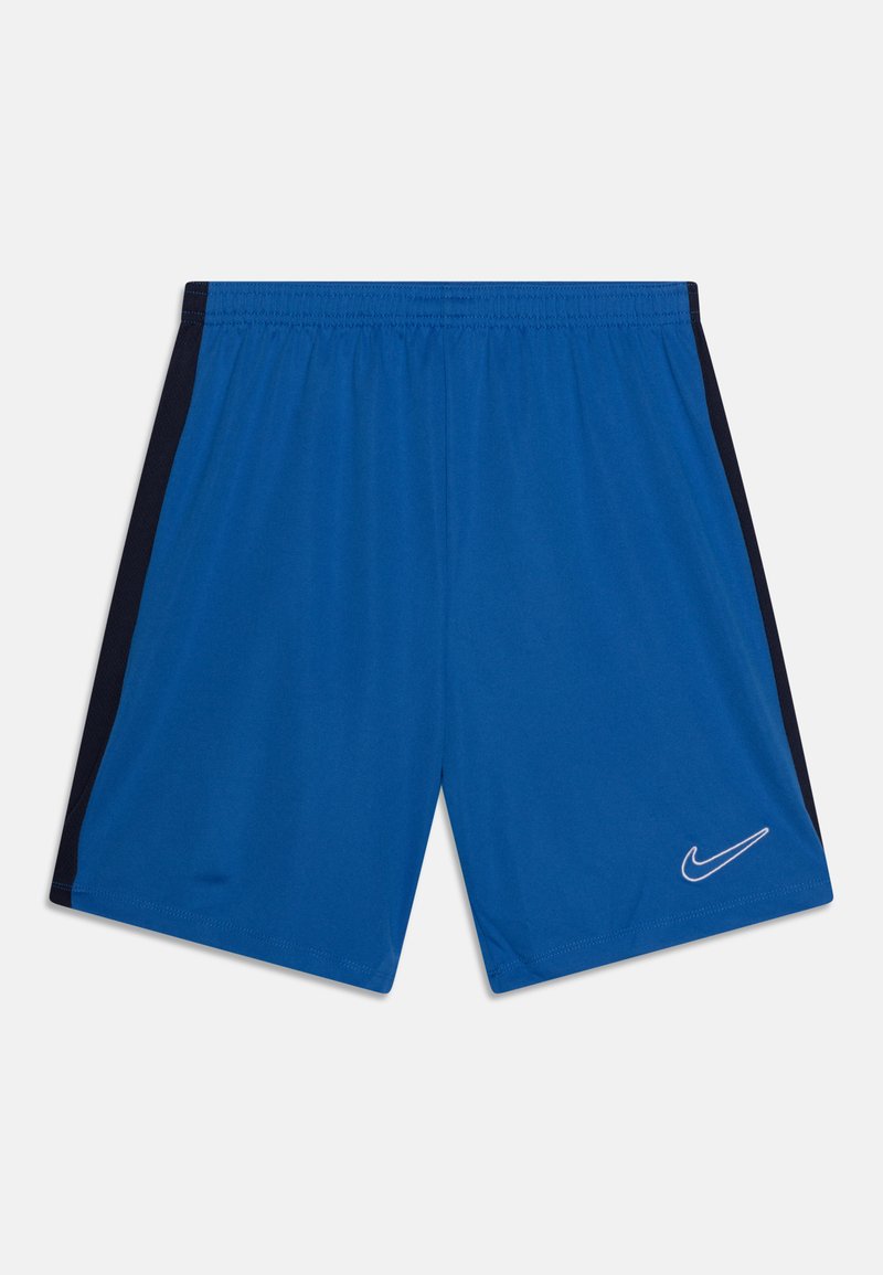 Pantalones cortos deportivos azules con cintura elástica, paneles laterales negros y logotipo blanco de Nike en la parte inferior derecha. Tejido liso y ligero.