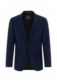 Marineblauwe herenblazer met notch lapel, twee voorflapzakken, borstzak en sluiting met twee knopen, gevoerde binnenzijde.