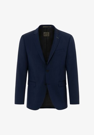 Marineblauer Blazer mit einem Reverskragen, ein-Knopf-Verschluss, Fronttaschen und dezenter Textur. Innenfutter ist schwarz mit glatter Oberfläche.